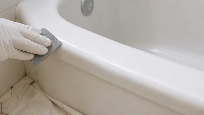 Repaired and color-matched chip on a white bathtub rim in an Irvington home, Fremont