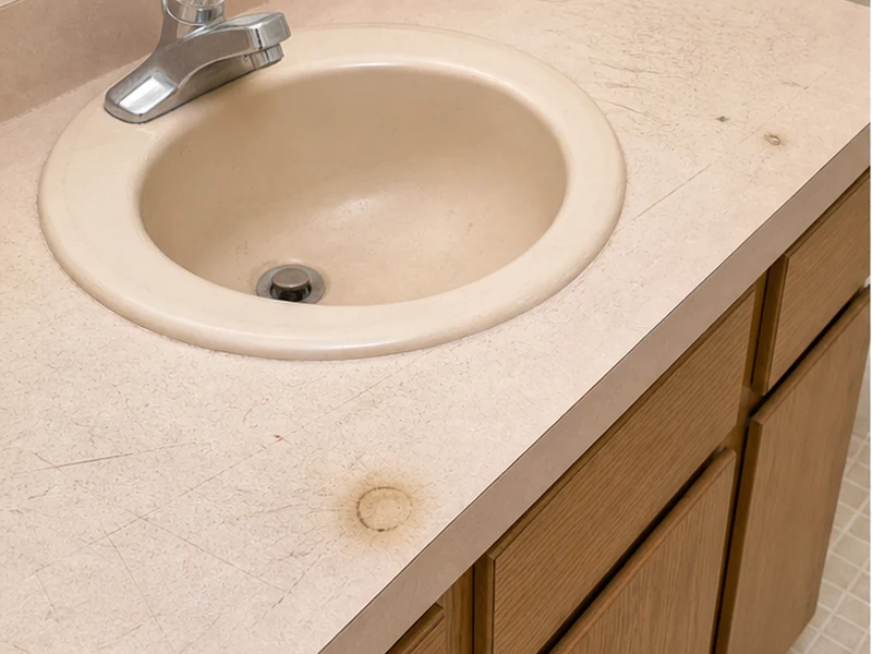 Scratched 1980s almond laminate vanity countertop in a Sundale home before refinishing, Fremont