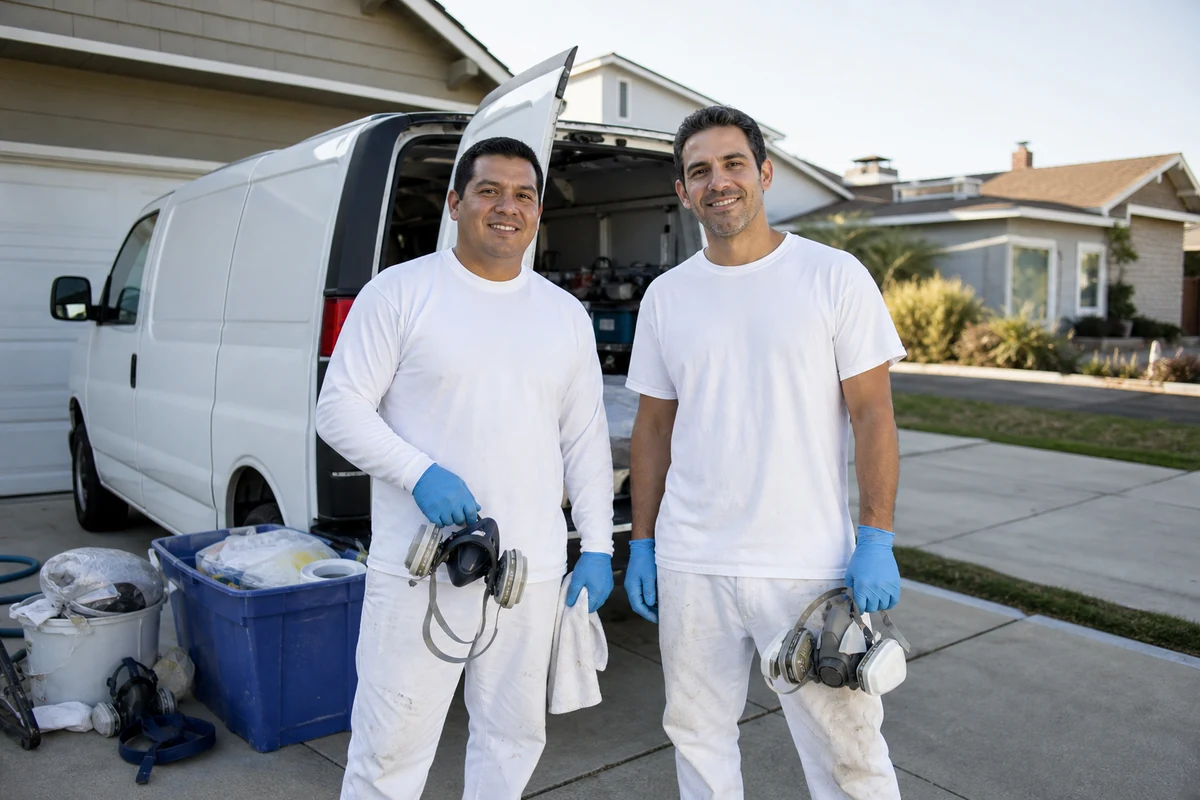 Fremont Tub Refinishing Pros crew with a white work van and supplies in a suburban Fremont driveway