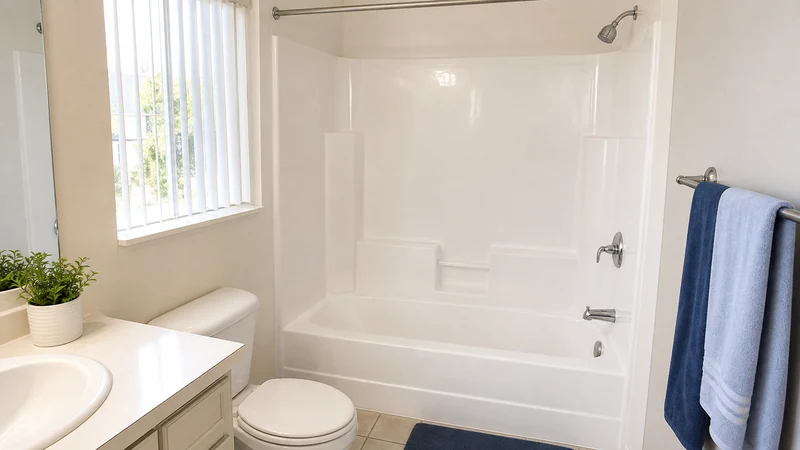 Refinished glossy white fiberglass tub-shower combo in a Centerville apartment bathroom, Fremont
