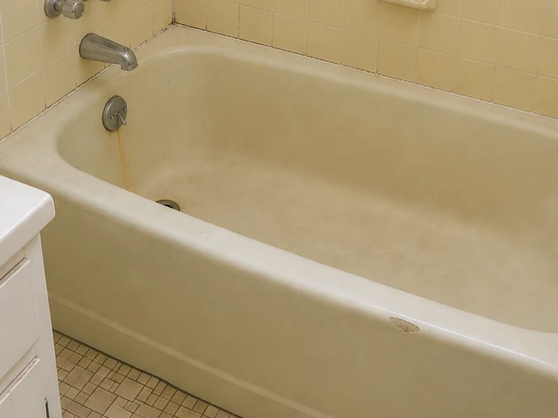 Worn almond cast-iron tub with rust staining and chipped rim in a Glenmoor home before reglazing, Fremont