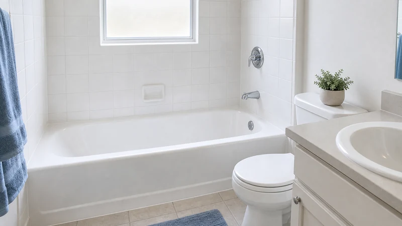 Reglazed glossy white cast-iron alcove tub in a Glenmoor tract home bathroom, Fremont