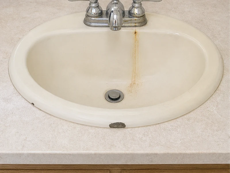 Chipped bone-colored porcelain bathroom sink with rust stain in a Sundale home before reglazing, Fremont